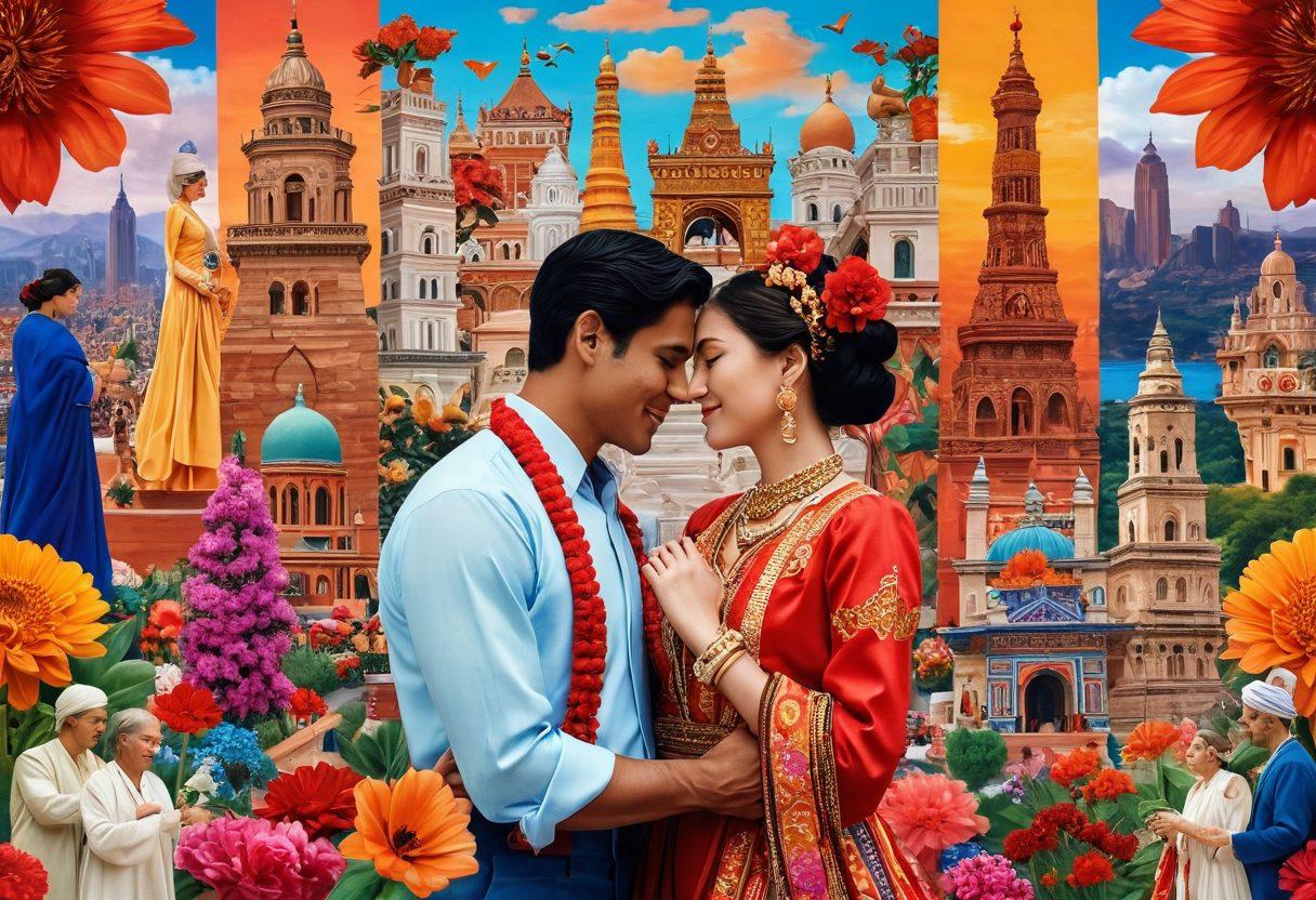 A heartwarming collage featuring couples from various cultures sharing intimate moments, adorned in traditional attire, set against a vibrant backdrop of iconic landmarks from around the world. Include symbols of love like intertwined hands and diverse flowers. The scene radiates warmth and connection, showcasing the beauty of passionate relationships amidst diversity. vibrant colors. super-realistic. 3D.