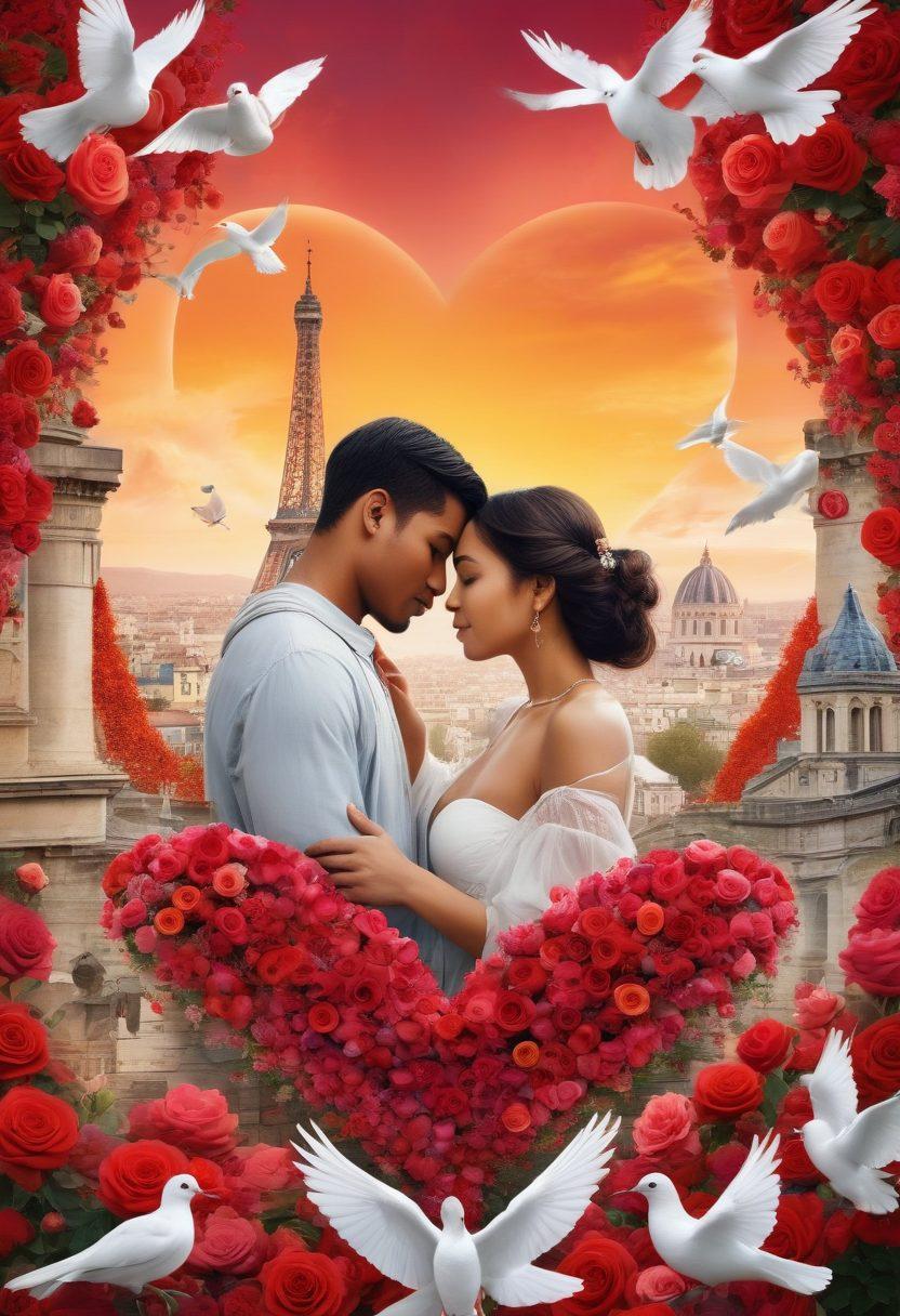 A beautiful montage of diverse couples from different cultures embracing, surrounded by elements symbolizing love such as hearts, roses, and doves. The backdrop showcases iconic landmarks from various countries blending into one harmonious scene, illustrating unity in diversity. The colors should be warm and inviting, enhancing the feeling of connection and passion. soft focus, vibrant colors, illustrative.