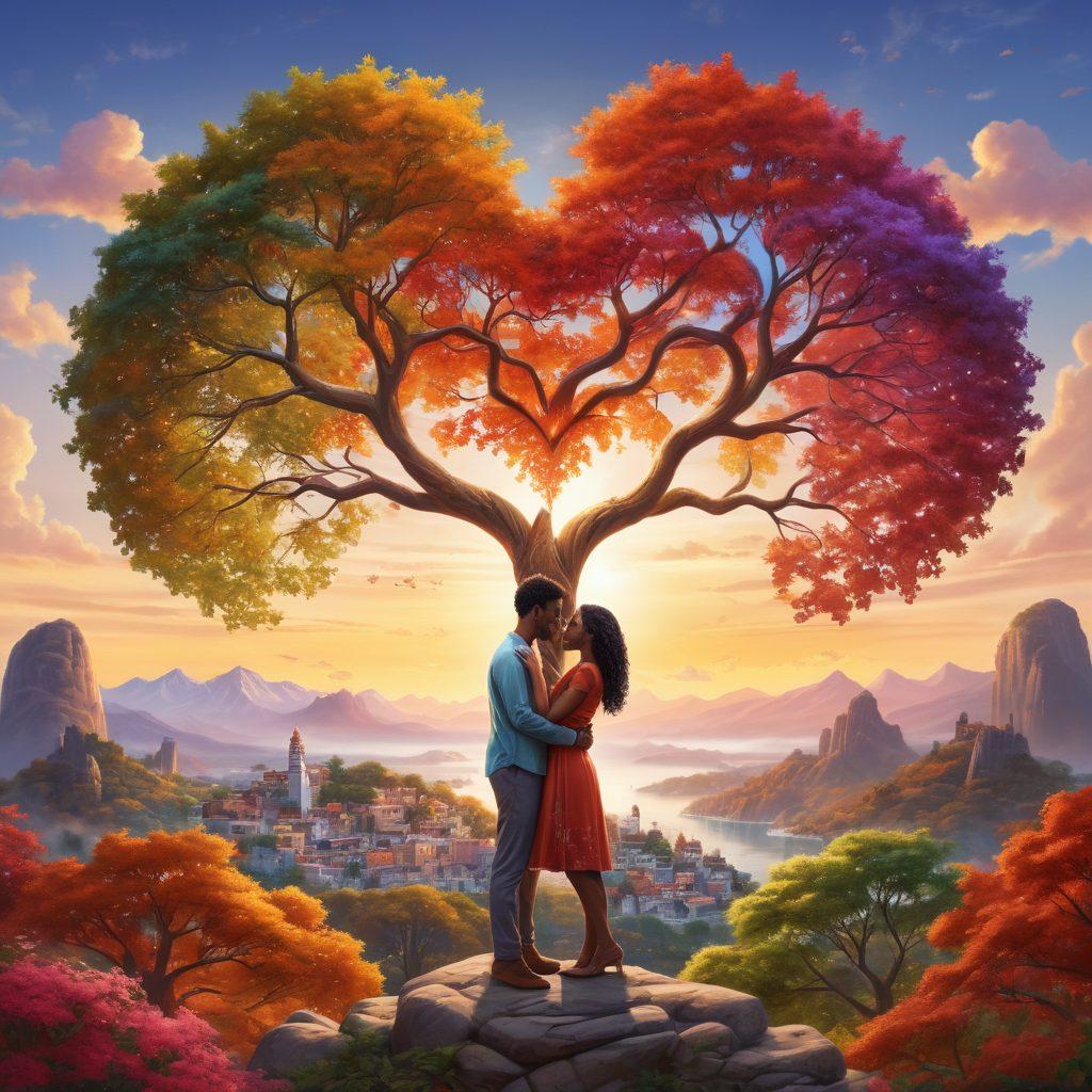 A beautiful, intertwined tree representing diverse cultures, with heart-shaped leaves in various colors. Below, couples of different ethnicities sharing affectionate moments, like holding hands and laughing, set against a scenic backdrop of landmarks from around the world. The scene should evoke a sense of love and connection. super-realistic. vibrant colors. soft glowing light.